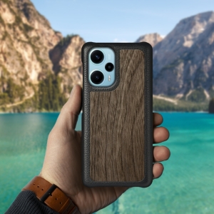 Кожаная накладка Stenk WoodBacker для Xiaomi Poco F5 Чёрная