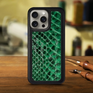 Кожаная накладка Stenk ExBacker для Apple iPhone 15 Pro Зелёный питон