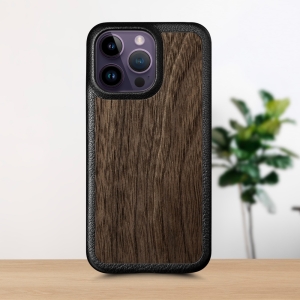 Кожаная накладка Stenk WoodBacker для Apple iPhone 14 Pro Max Чёрная