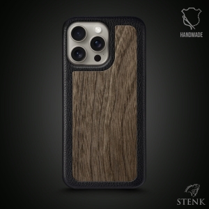 Кожаная накладка Stenk WoodBacker для Apple iPhone 15 Pro Max Чёрная