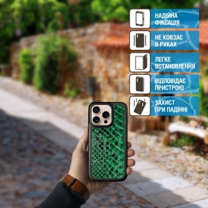 Кожаная накладка Stenk ExBacker для Apple iPhone 16 Pro Зелёный питон