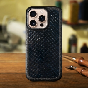 Кожаная накладка Stenk ExBacker для Apple iPhone 16 Pro Синяя кобра