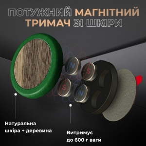 Магнітний тримач Stenk Magio Wooden Зелена шкіра + дерево Американський горіх